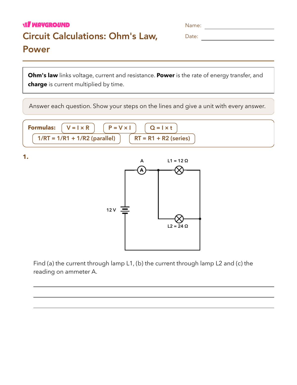 Circuit Calculations: Ohm's Law, Power - Imprimible Circuitos Hojas-de-trabajo - Wayground