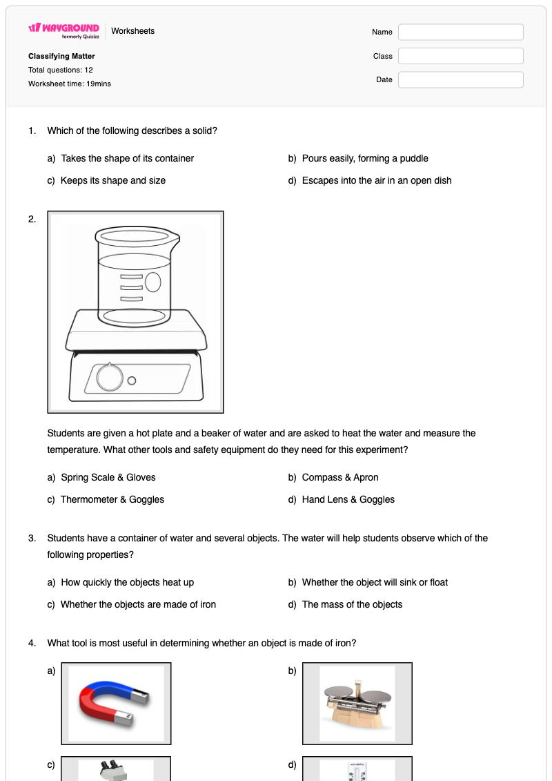 Classifying Matter - พิมพ์ได้ Safety-equipment เวิร์กชีท ระดับ 3 - Wayground