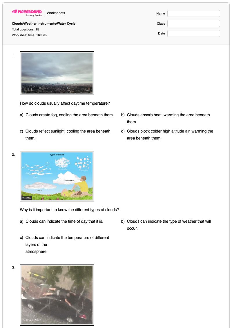 Clouds/Weather Instruments/Water Cycle - พิมพ์ได้ Weather-instruments เวิร์กชีท ระดับ 5 - Wayground