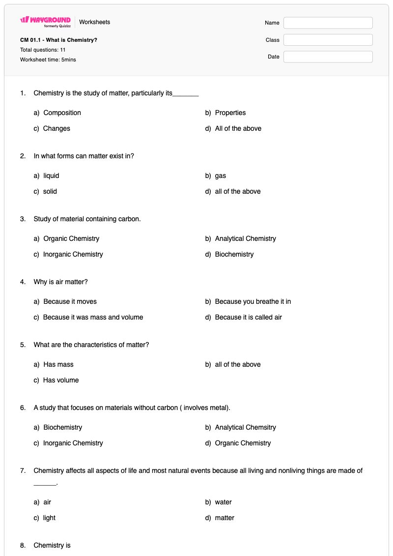 CM 01.1 - What is Chemistry? - Printable Chemistry Worksheets - Wayground