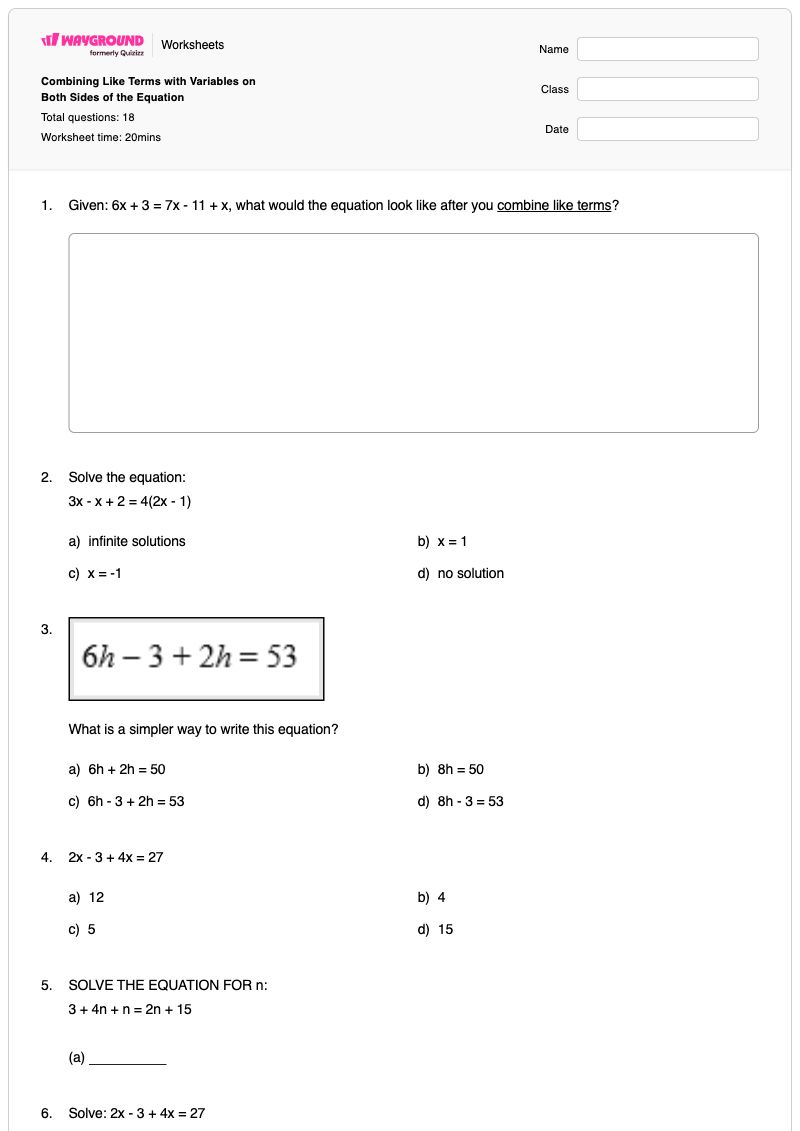 Combining Like Terms with Variables on Both Sides of the Equation - พิมพ์ได้ Unlike-terms เวิร์กชีท ระดับ 10 - Wayground
