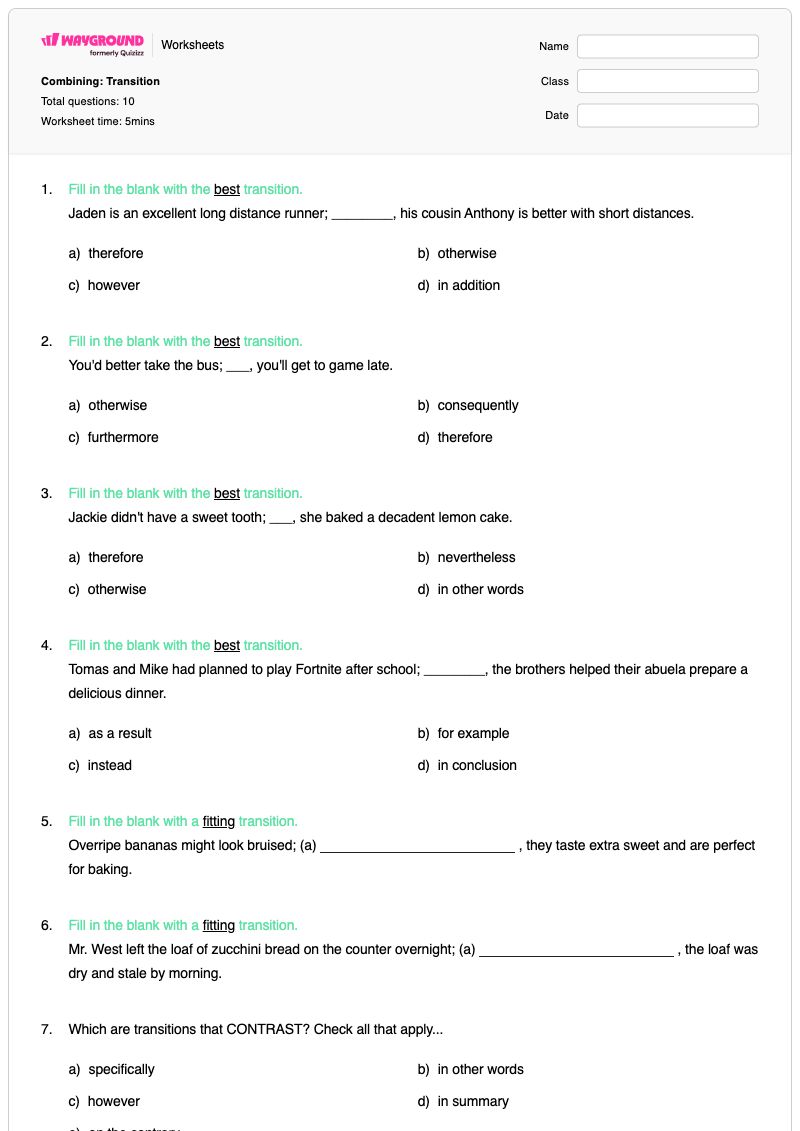 Combining: Transition  - พิมพ์ได้ การใช้คำบอกลำดับเวลา เวิร์กชีท ระดับ 2 - Wayground