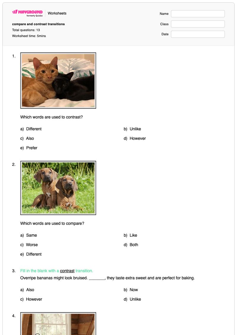compare and contrast transitions - พิมพ์ได้ สัญญาณการเปลี่ยนผ่าน เวิร์กชีท ระดับ 6 - Wayground