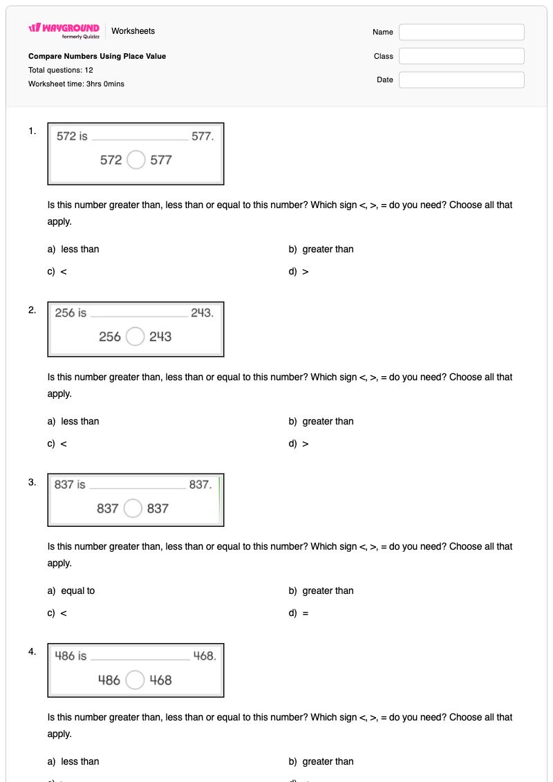 Compare Numbers Using Place Value - พิมพ์ได้ การเปรียบเทียบตัวเลข เวิร์กชีท ระดับ 2 - Wayground