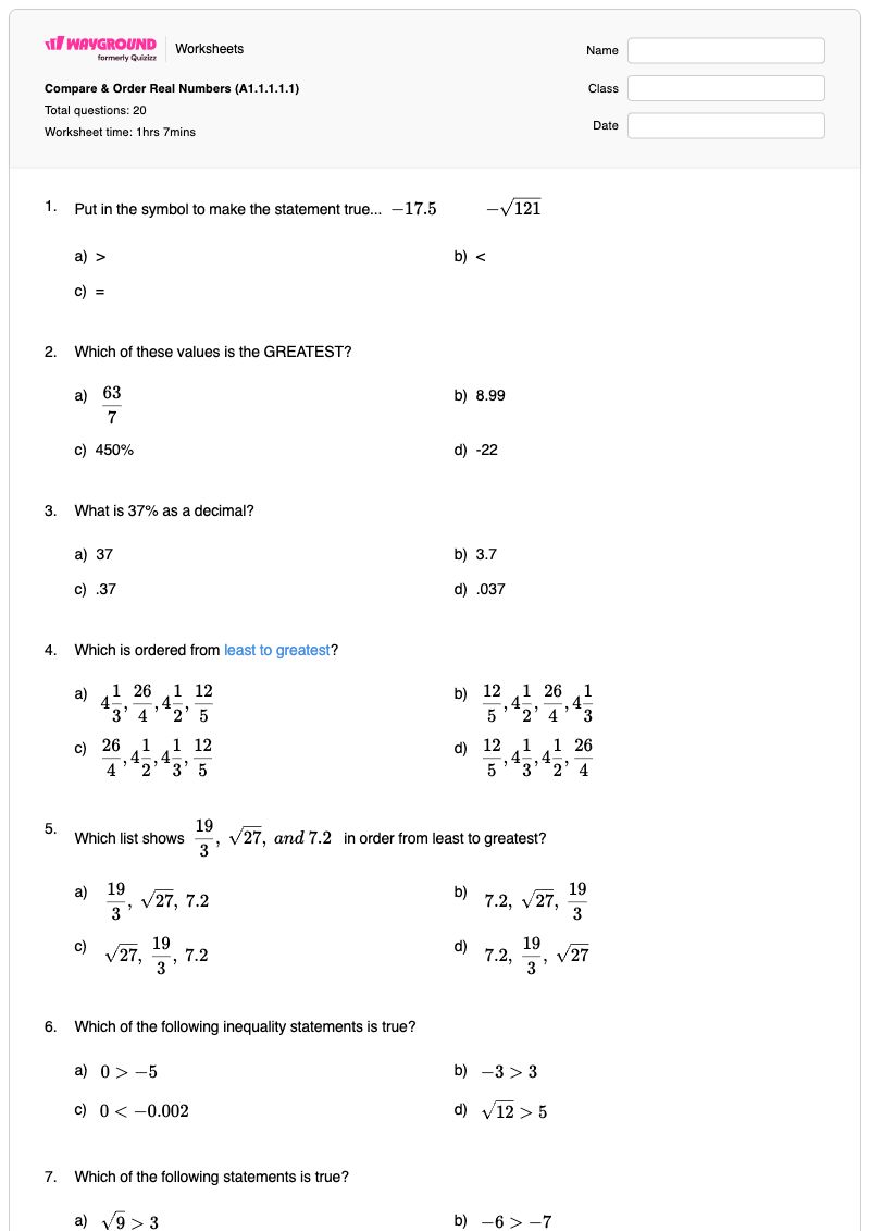 Compare & Order Real Numbers (A1.1.1.1.1) - พิมพ์ได้ Comparing-and-ordering-real-numbers เวิร์กชีท ระดับ 9 - Wayground
