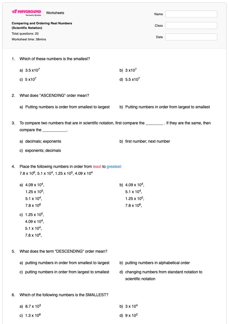 Comparing and Ordering Real Numbers (Scientific Notation) - พิมพ์ได้ การเปรียบเทียบและการเรียงลำดับจำนวนจริง เวิร์กชีท - Wayground