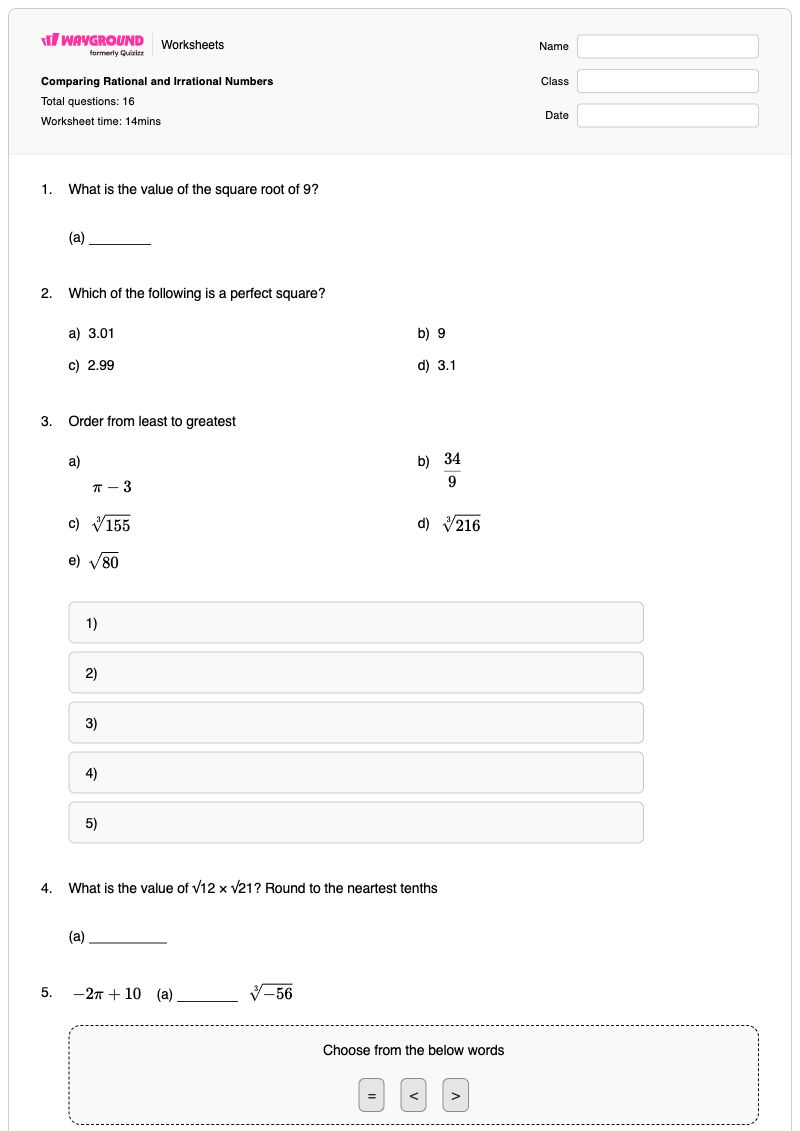 Comparing Rational and Irrational Numbers - พิมพ์ได้ Number-sublevels เวิร์กชีท - Wayground