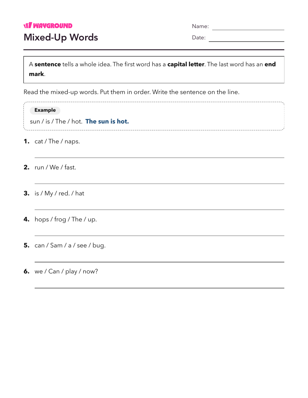 Mixed-Up Words - Printable Complete-sentences Worksheets Class 1 - Wayground