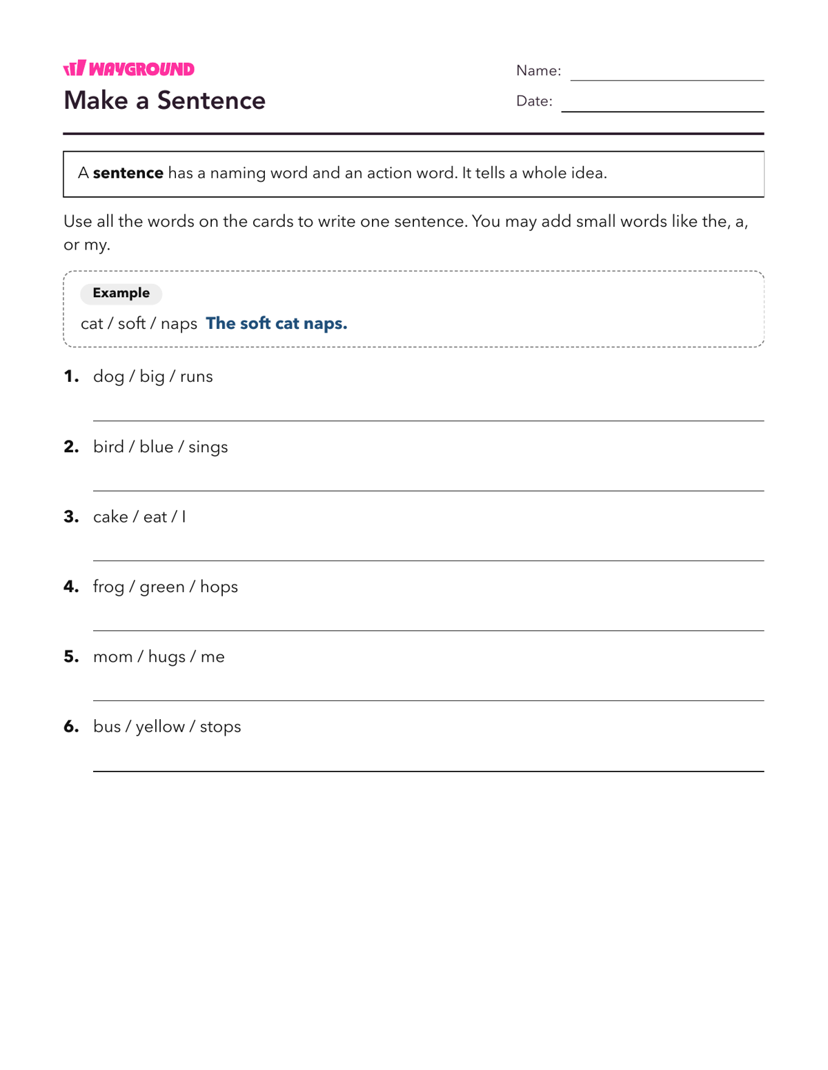 Make a Sentence - Printable Complete-sentences Worksheets Class 1 - Wayground