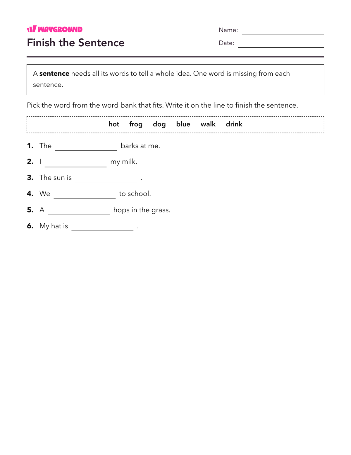 Finish the Sentence - Printable Complete-sentences Worksheets Class 1 - Wayground