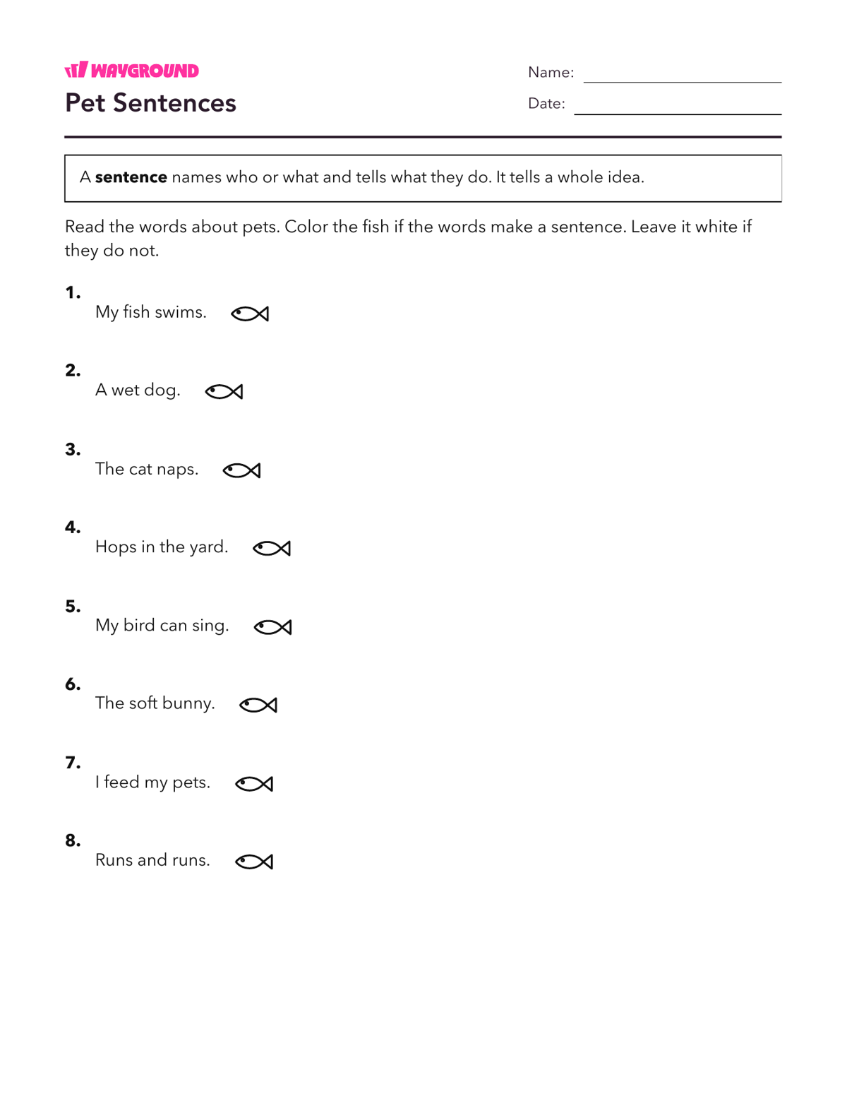 Pet Sentences - Printable Complete-sentences Worksheets Class 1 - Wayground