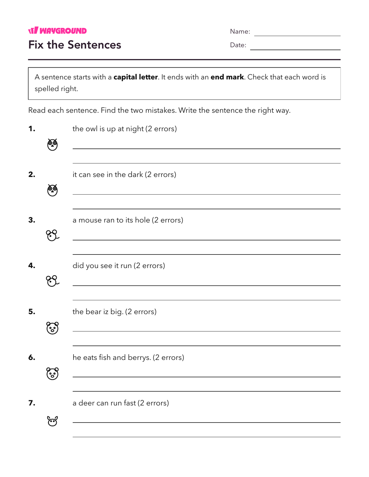 Fix the Sentences - Printable Complete-sentences Worksheets Class 1 - Wayground