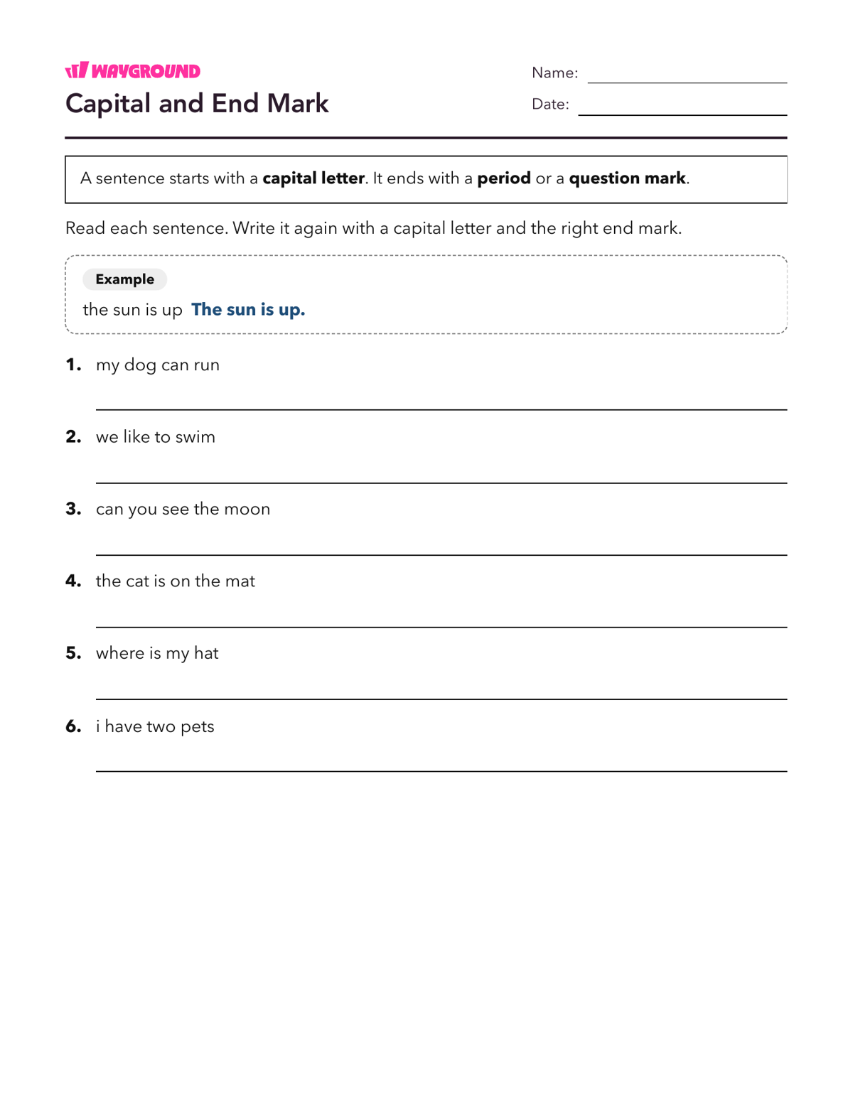 Capital and End Mark - Printable Complete-sentences Worksheets Class 1 - Wayground