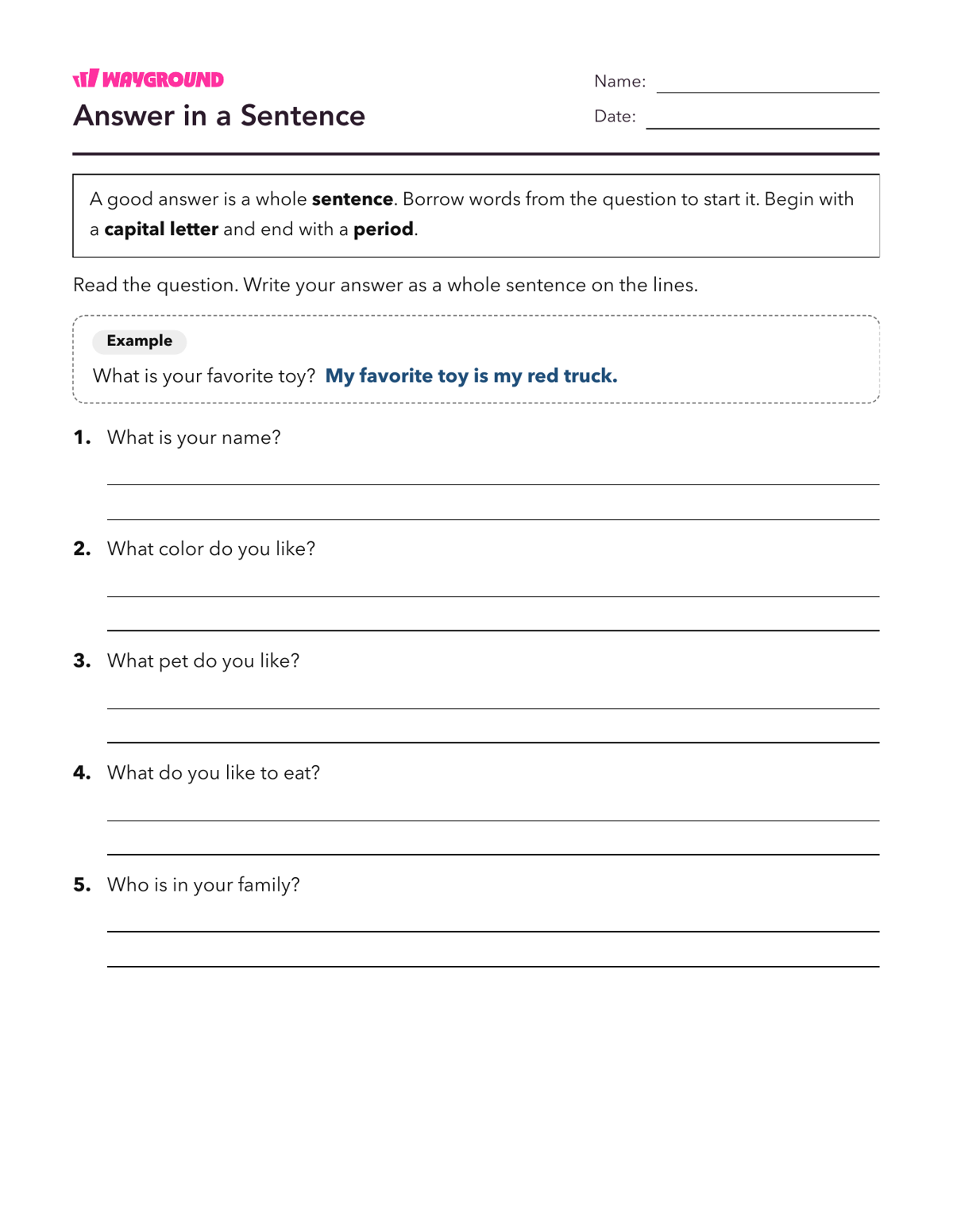 Answer in a Sentence - Printable Complete-sentences Worksheets Class 1 - Wayground