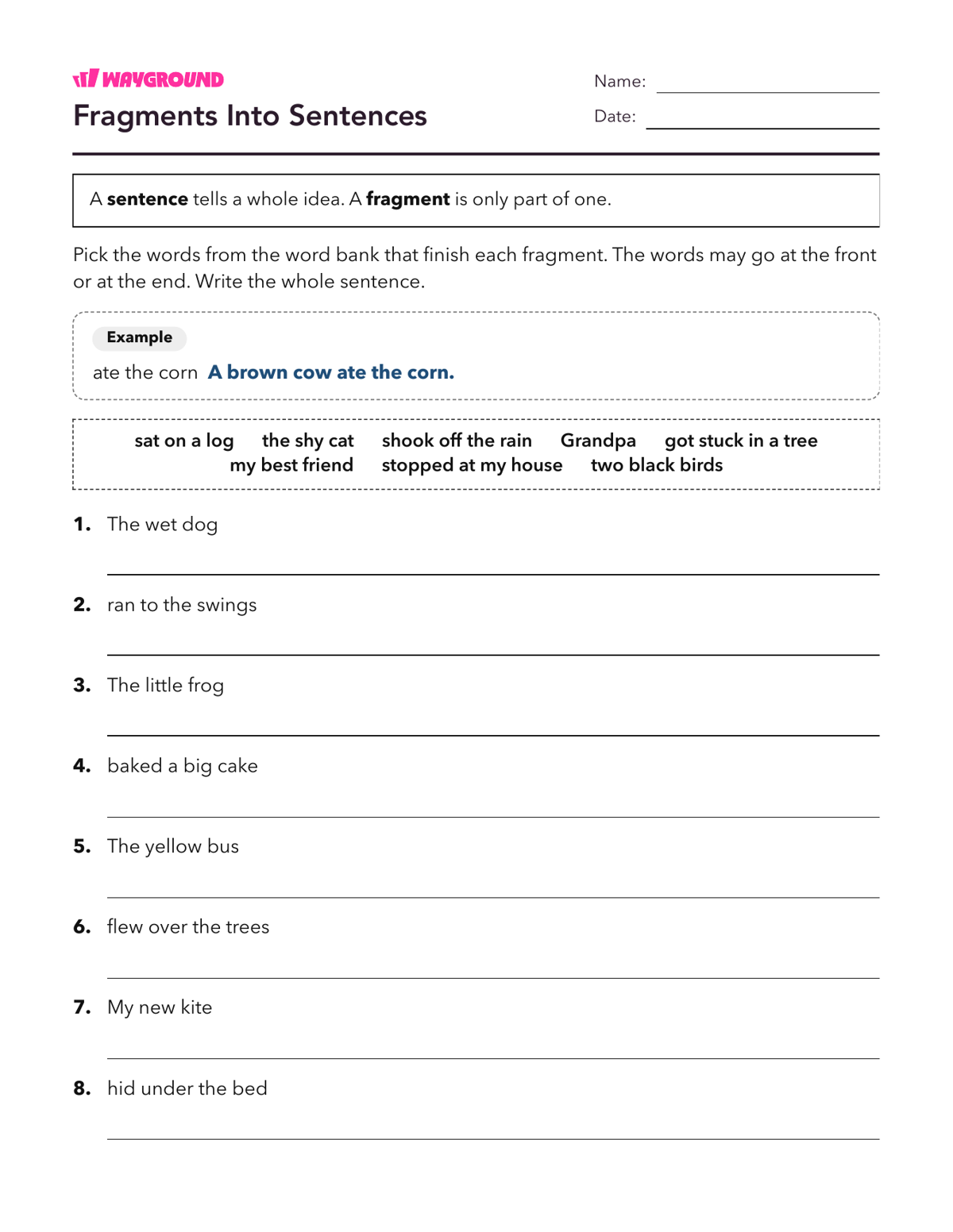 Fragments Into Sentences - Printable Complete-sentences Worksheets Year 2 - Wayground