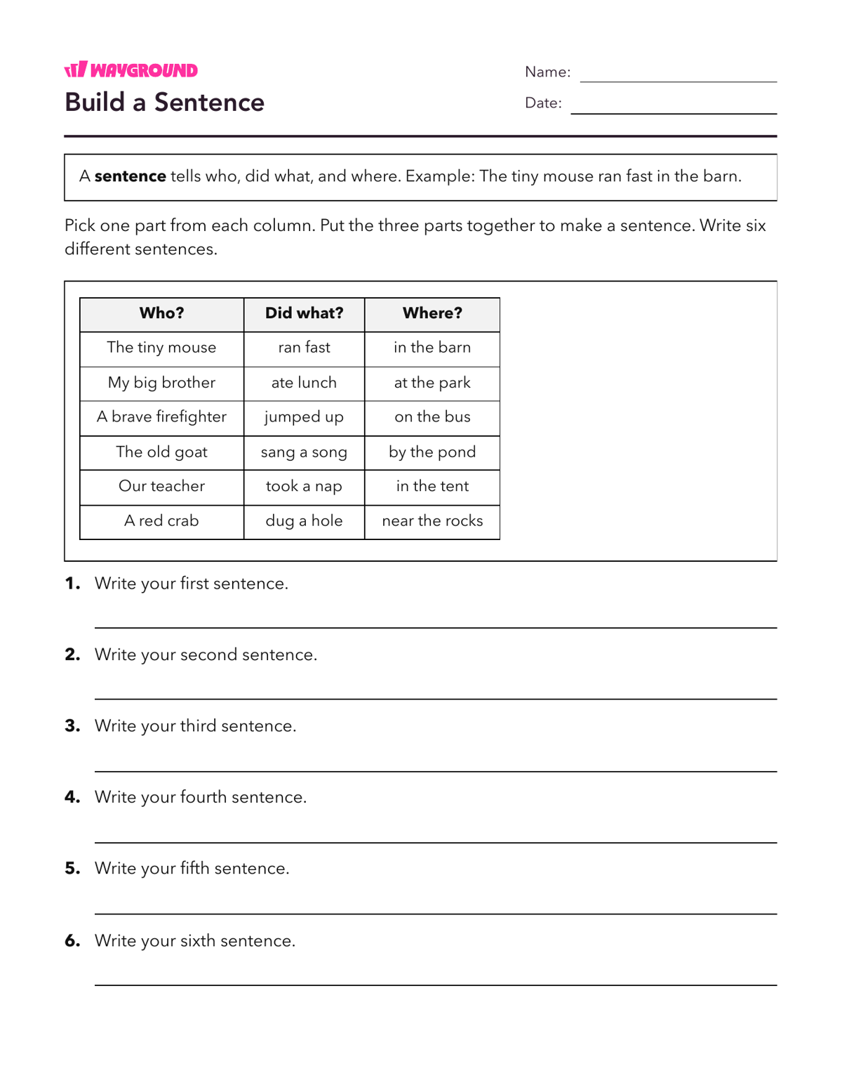 Build a Sentence - Printable Complete-sentences Worksheets Year 2 - Wayground
