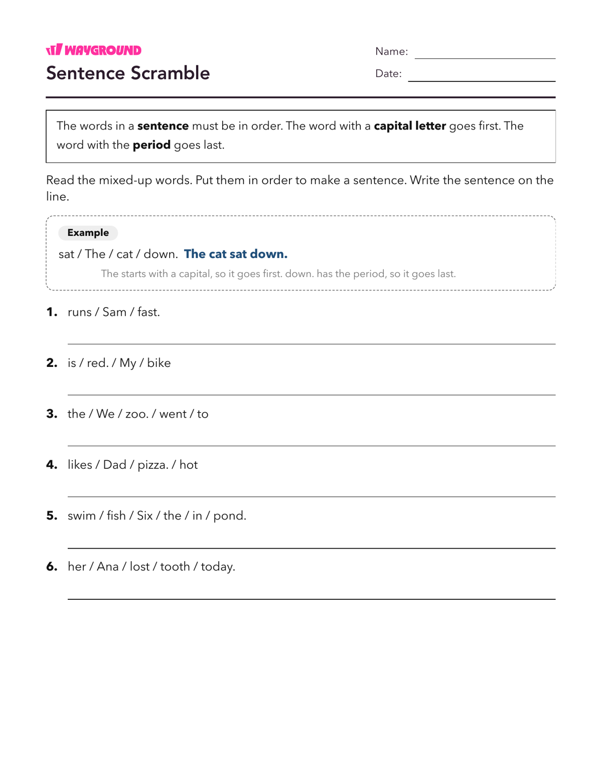 Sentence Scramble - Printable Complete-sentences Worksheets Year 2 - Wayground