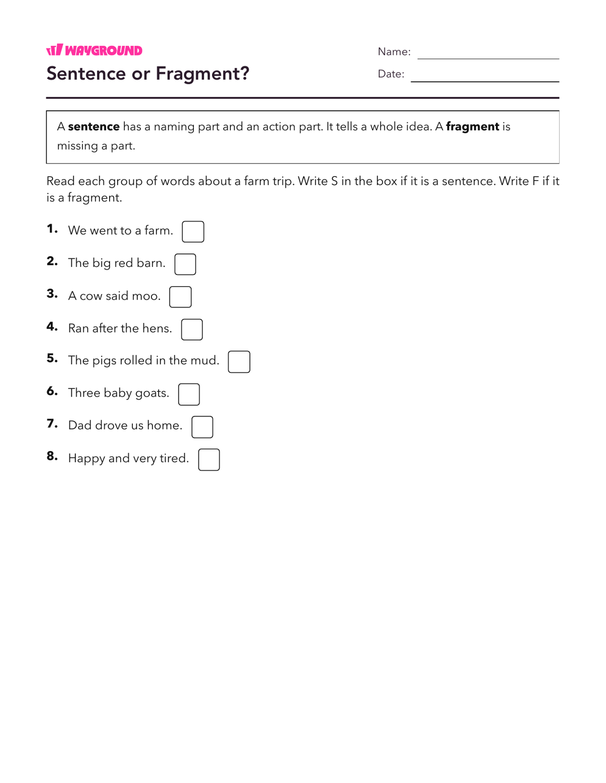 Sentence or Fragment? - Printable Complete-sentences Worksheets Year 2 - Wayground
