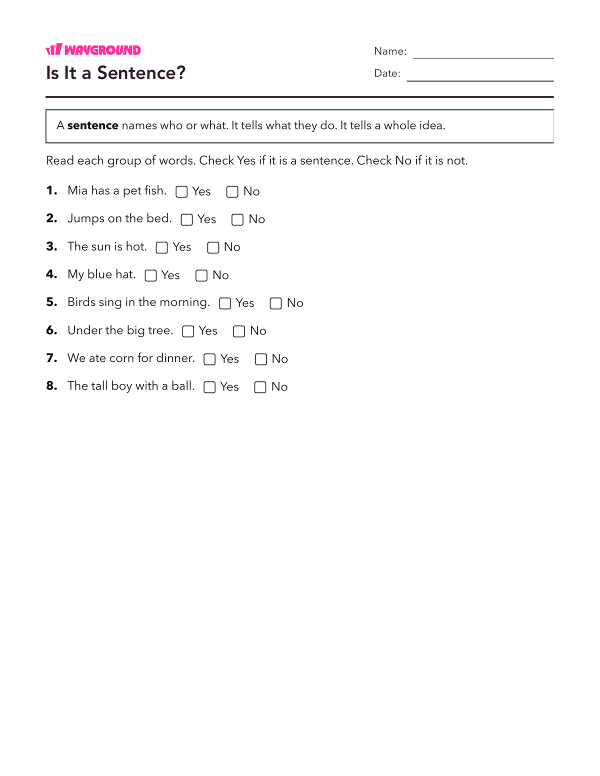 Is It a Sentence? - Printable Complete-sentences Worksheets Year 2 - Wayground