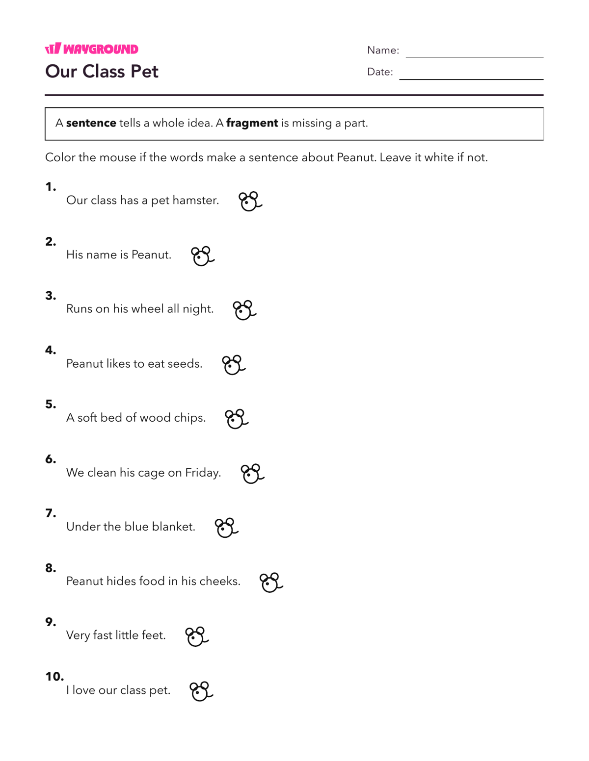 Our Class Pet - Printable Complete-sentences Worksheets Year 2 - Wayground