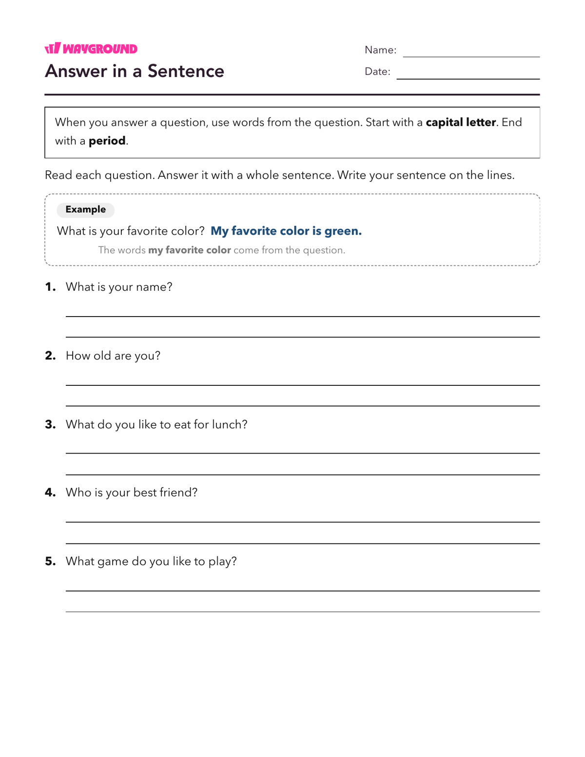 Answer in a Sentence - Printable Complete-sentences Worksheets Year 2 - Wayground