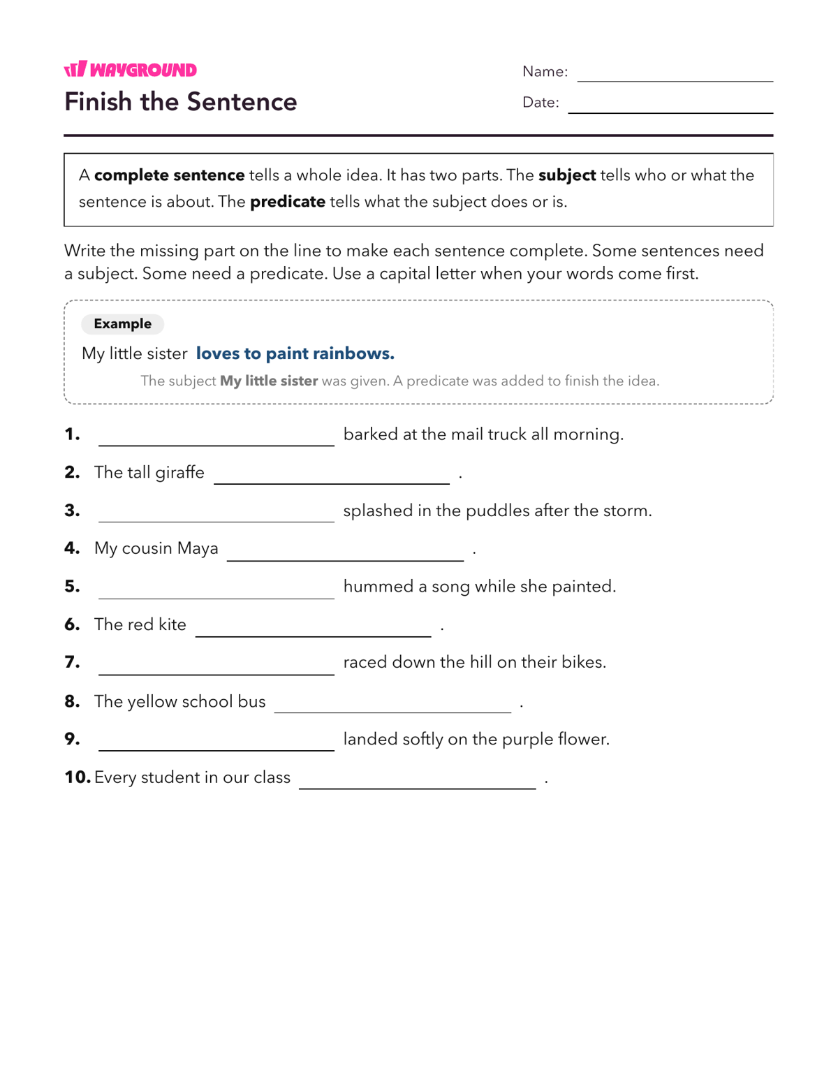 Finish the Sentence - Printable Complete-sentences Worksheets Year 3 - Wayground
