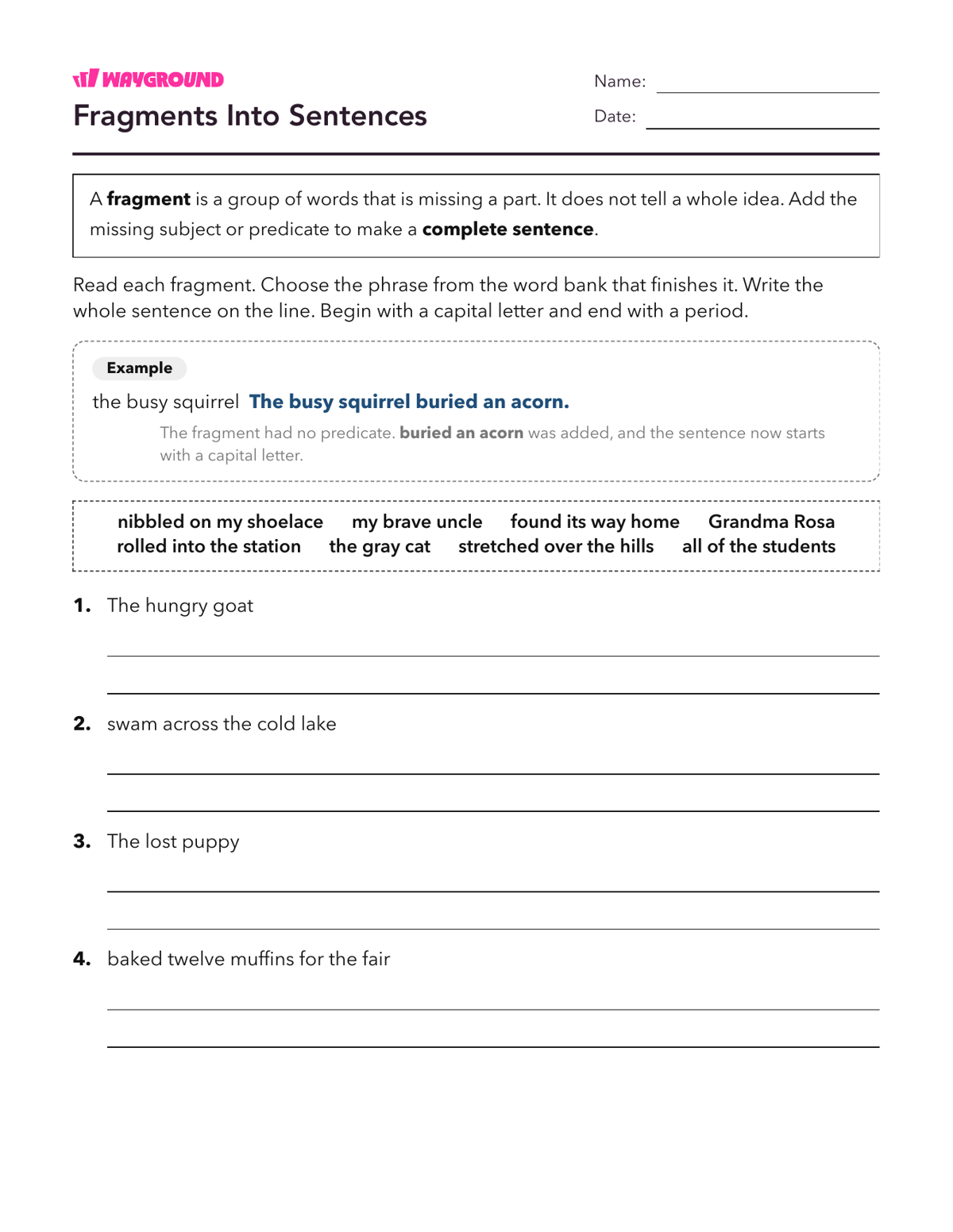 Fragments Into Sentences - Printable Complete-sentences Worksheets Year 3 - Wayground