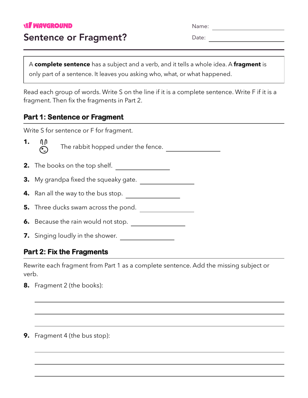 Sentence or Fragment? - Printable Complete-sentences Worksheets Year 3 - Wayground
