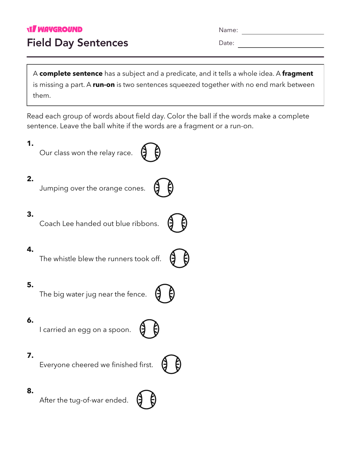 Field Day Sentences - Printable Complete-sentences Worksheets Year 3 - Wayground