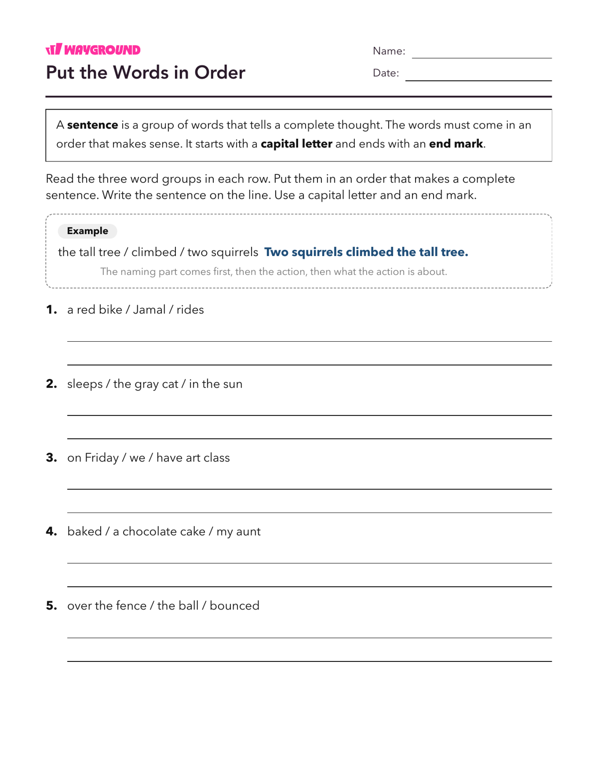 Put the Words in Order - Printable Complete-sentences Worksheets Year 3 - Wayground
