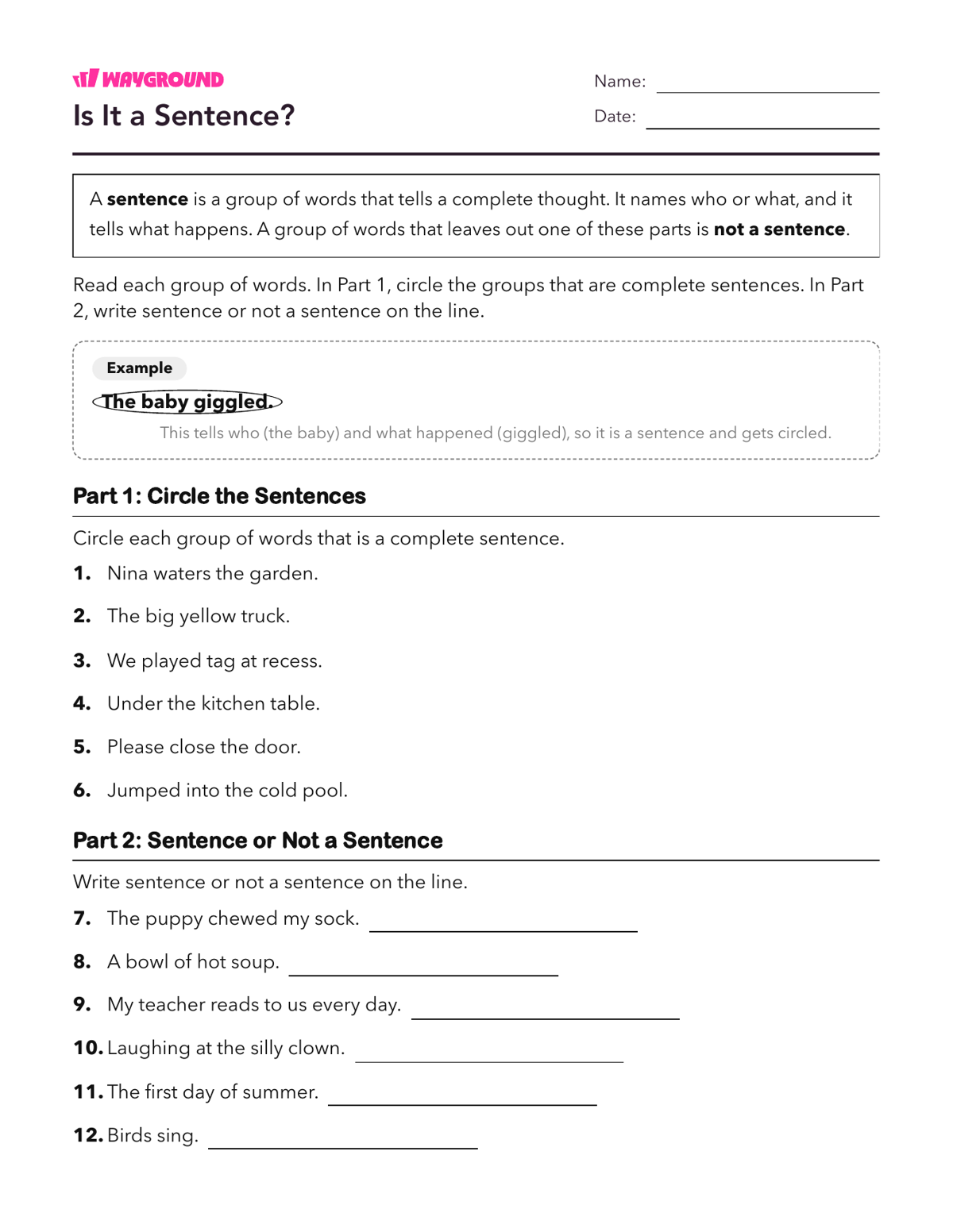 Is It a Sentence? - Printable Complete-sentences Worksheets Year 3 - Wayground