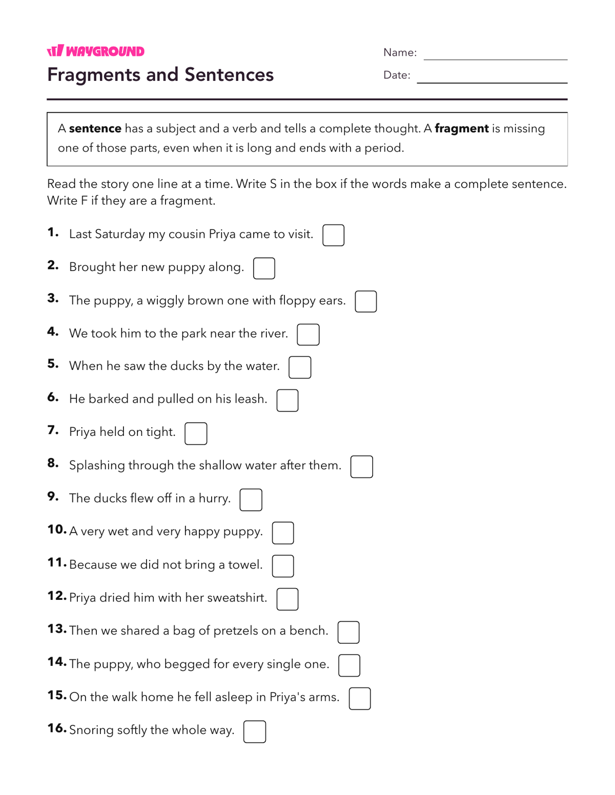 Fragments and Sentences - Printable Complete-sentences Worksheets Year 3 - Wayground
