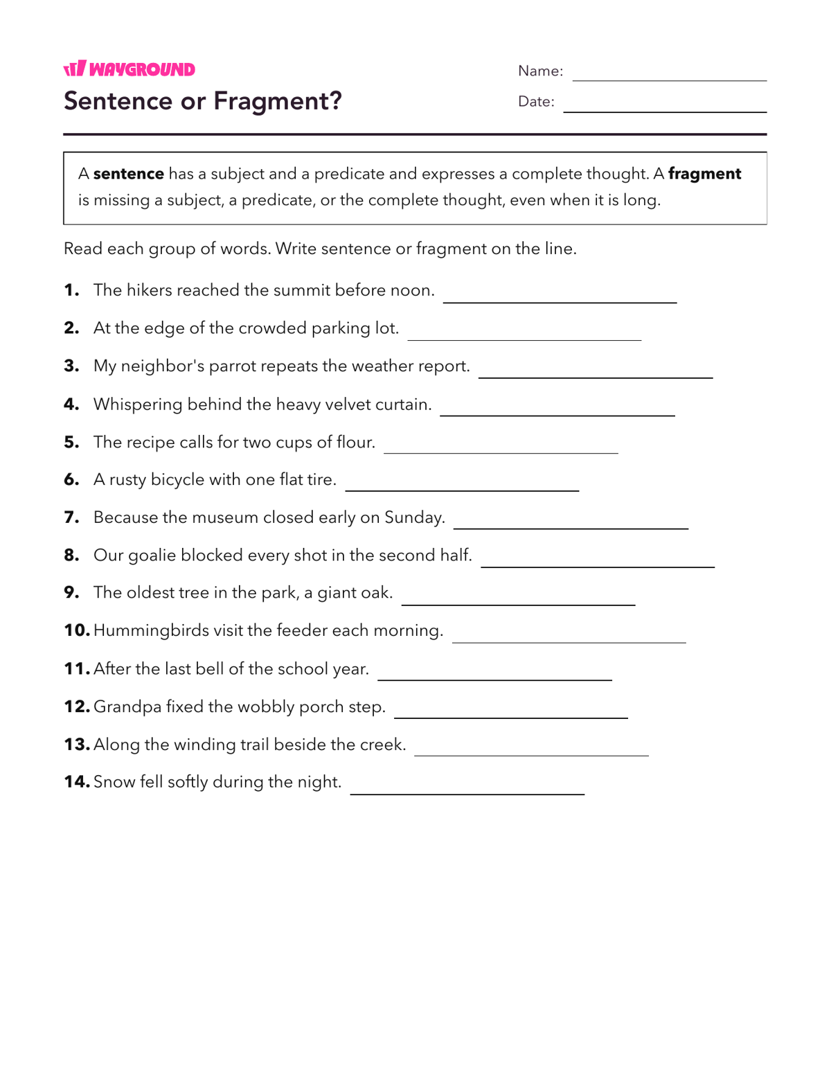 Sentence or Fragment? - Printable Complete-sentences Worksheets Year 4 - Wayground