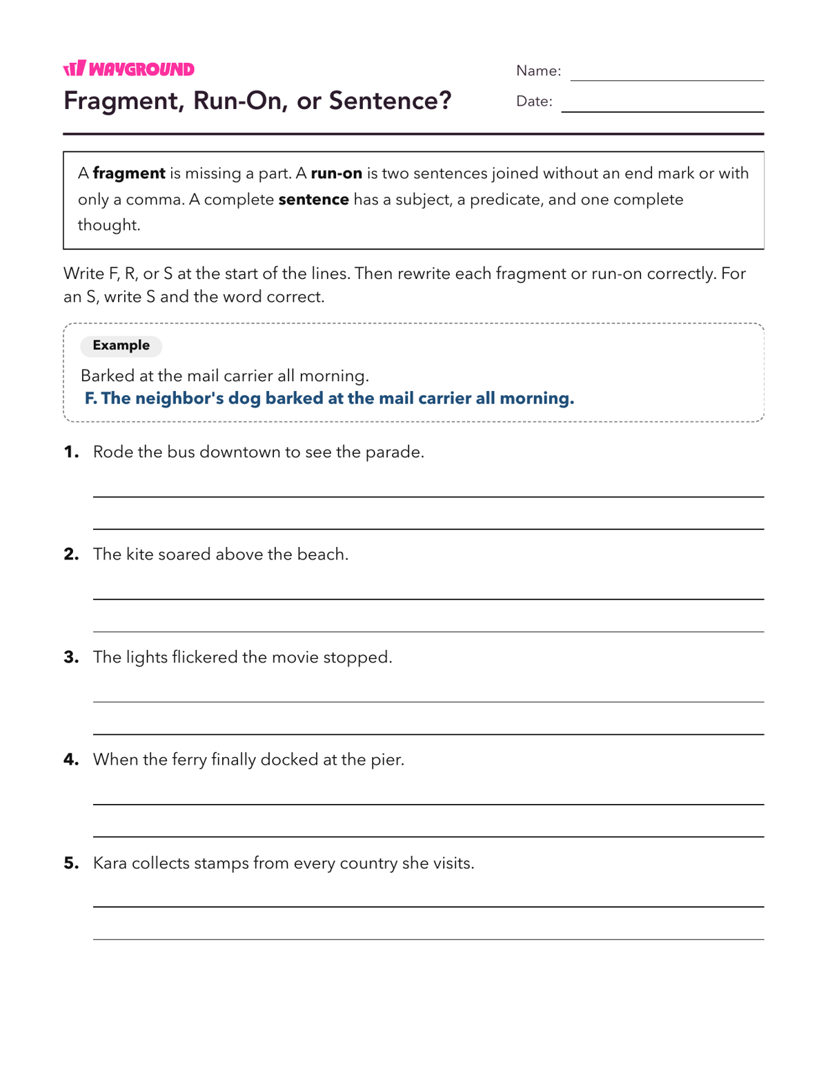 Fragment, Run-On, or Sentence? - Printable Complete-sentences Worksheets Year 4 - Wayground