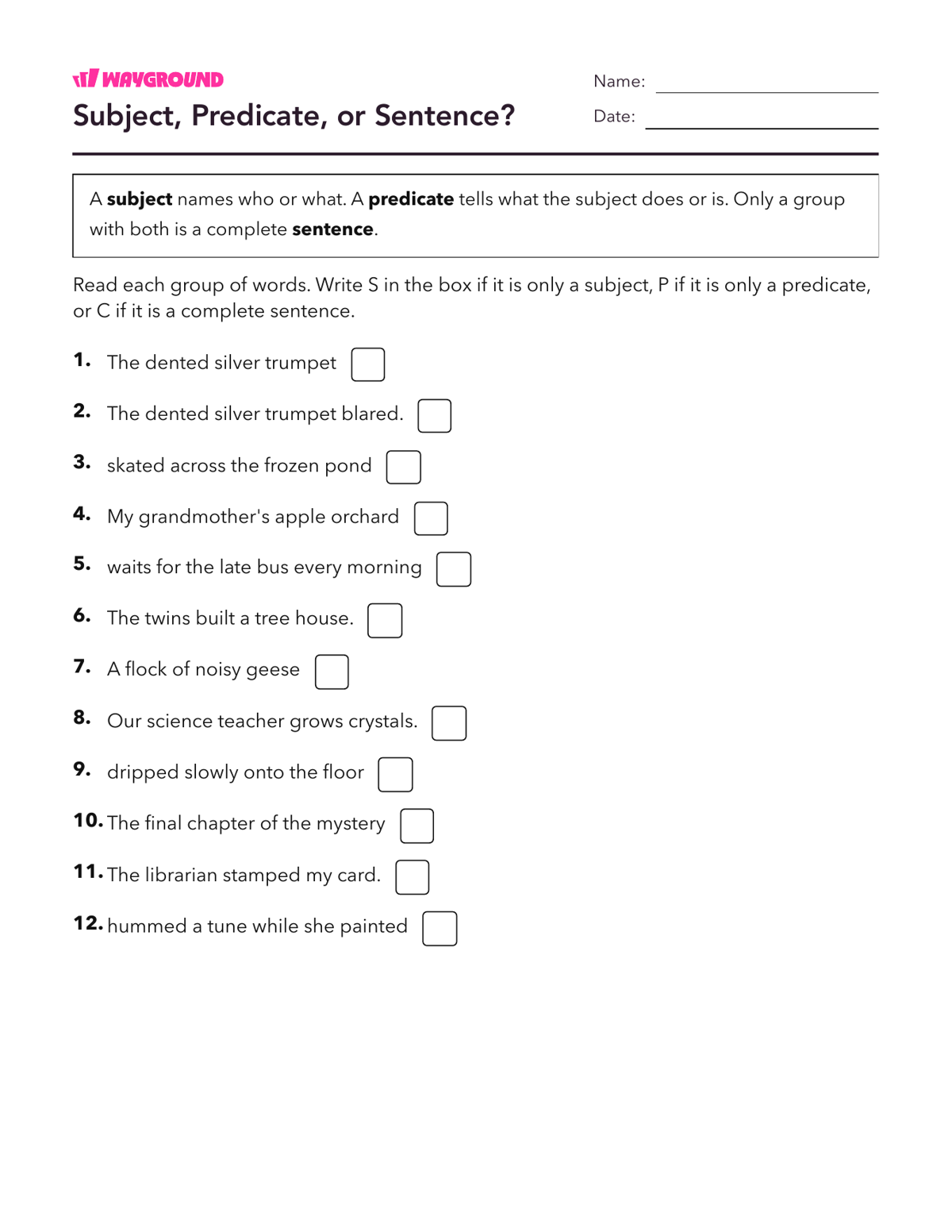 Subject, Predicate, or Sentence? - Printable Complete-sentences Worksheets Year 4 - Wayground
