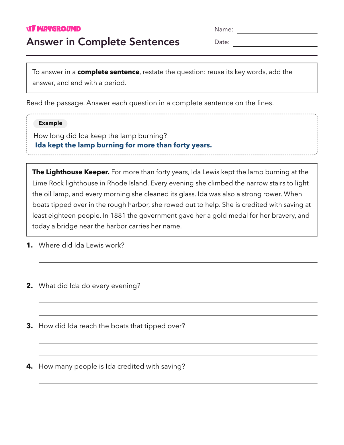 Answer in Complete Sentences - Printable Complete-sentences Worksheets Year 4 - Wayground