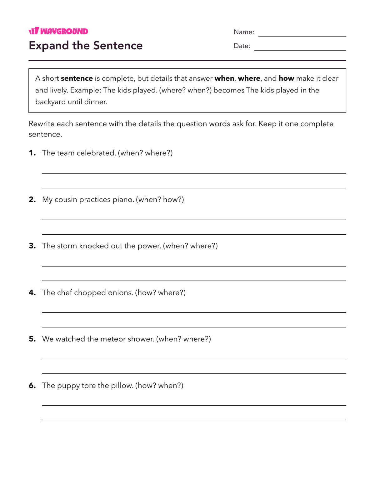 Expand the Sentence - Printable Complete-sentences Worksheets Year 4 - Wayground