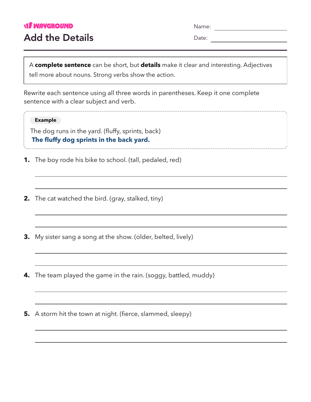 Add the Details - Printable Complete-sentences Worksheets Grade 5 - Wayground
