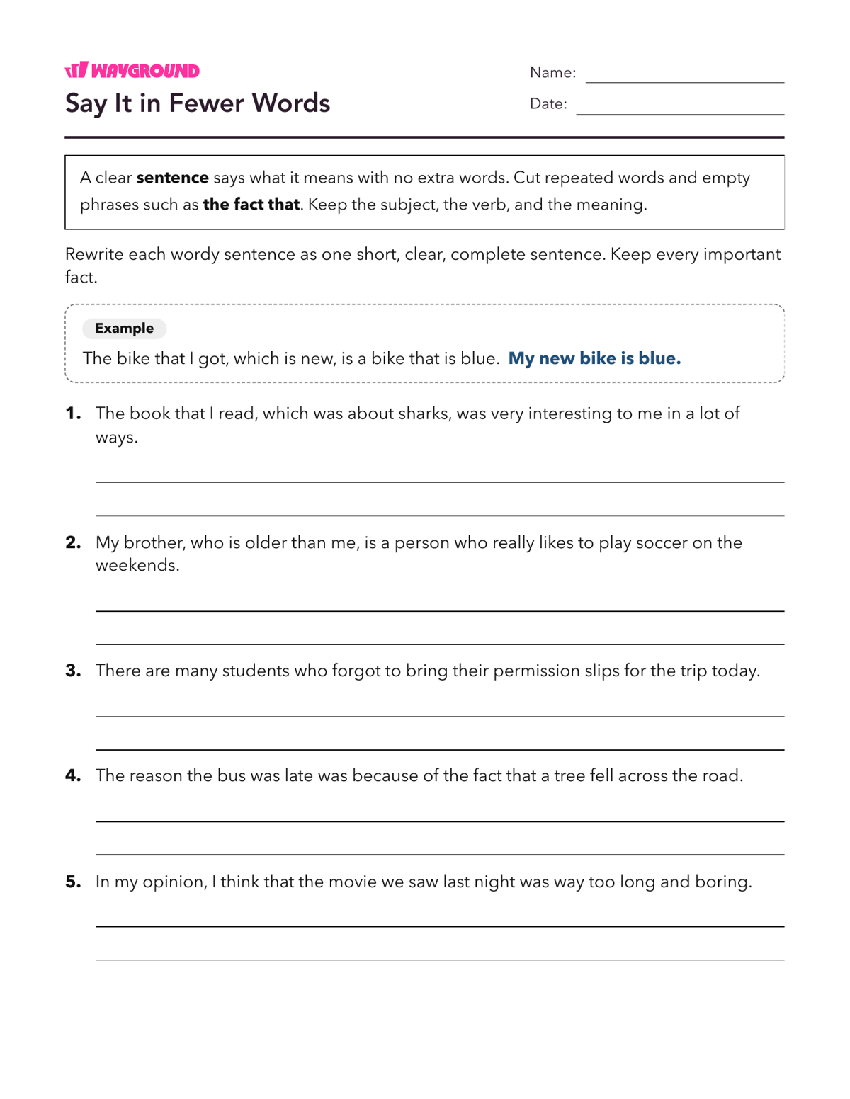 Say It in Fewer Words - Printable Complete-sentences Worksheets Grade 5 - Wayground