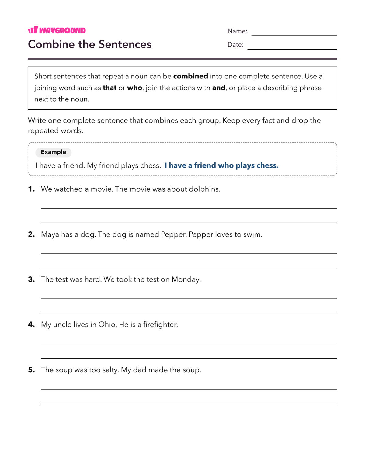 Combine the Sentences - Printable Complete-sentences Worksheets Grade 5 - Wayground