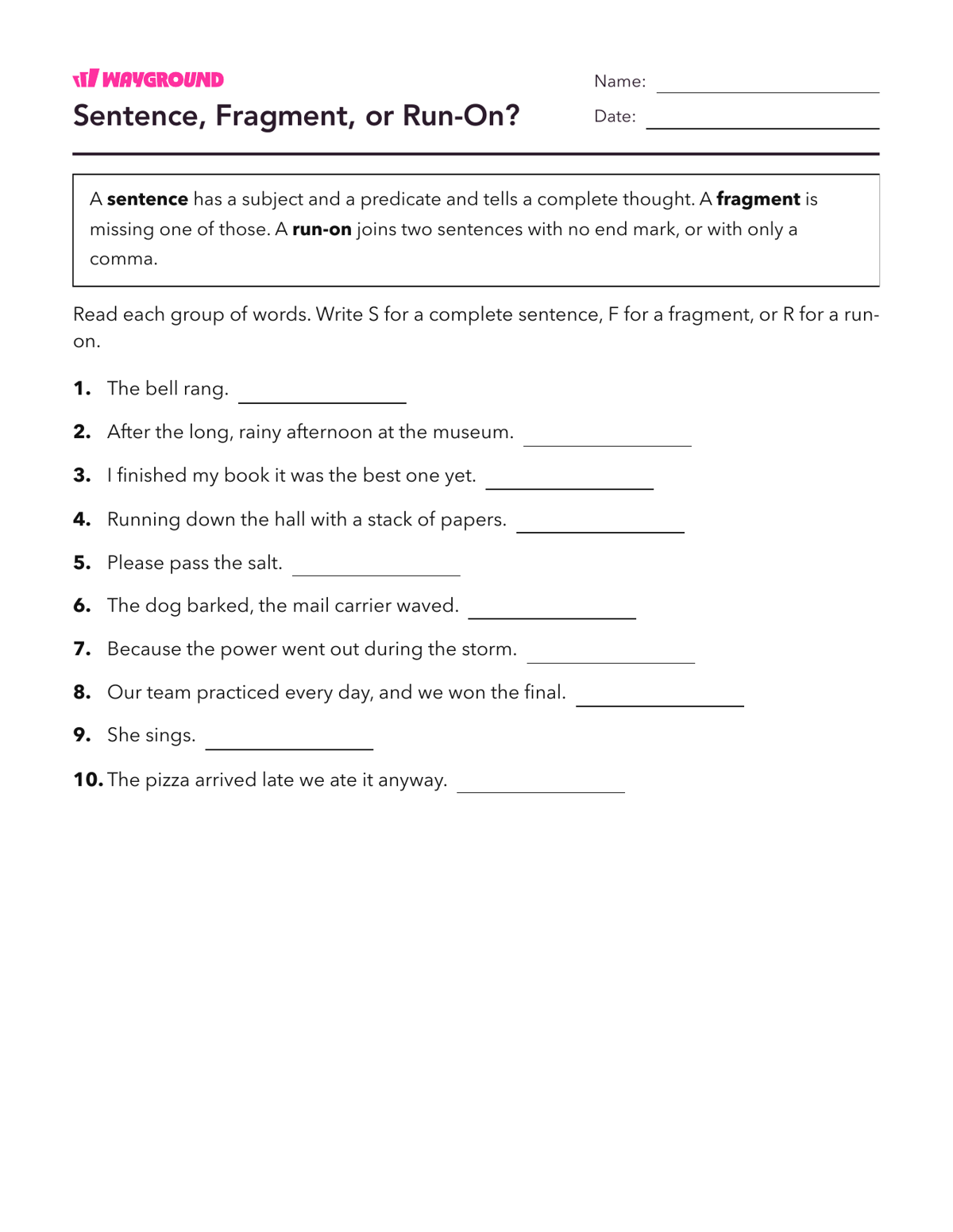 Sentence, Fragment, or Run-On? - Printable Complete-sentences Worksheets Grade 5 - Wayground