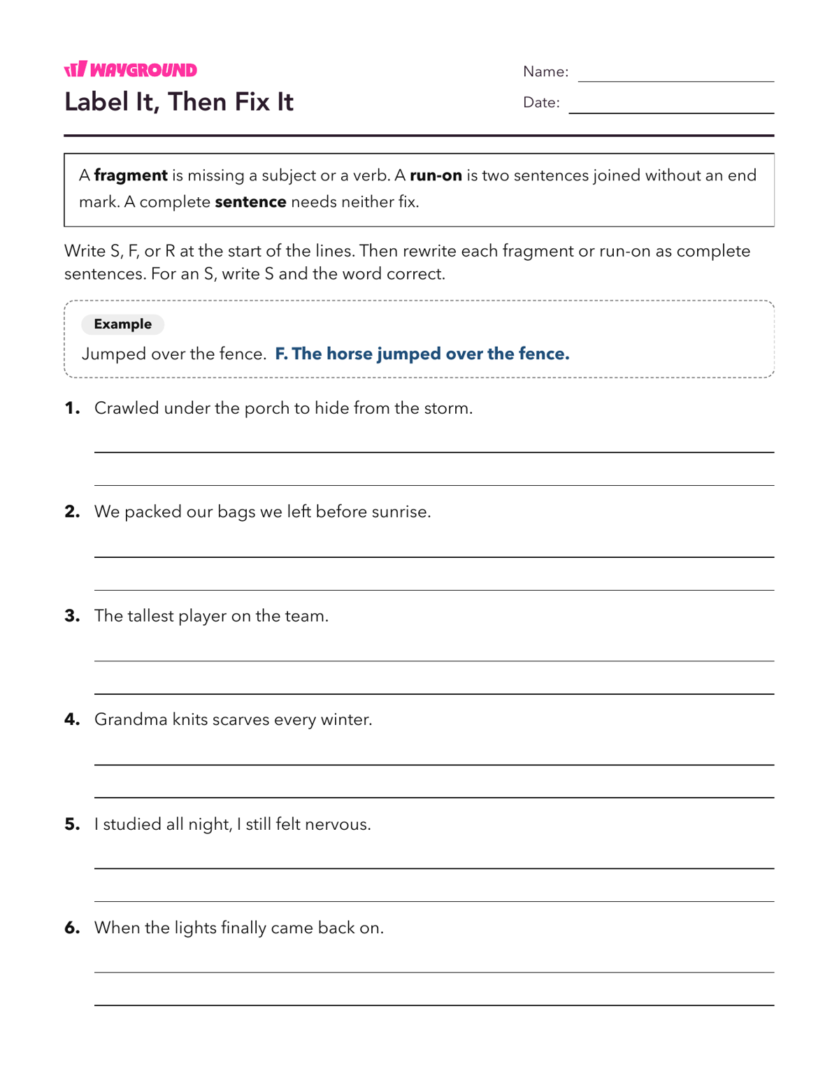 Label It, Then Fix It - Printable Complete-sentences Worksheets Grade 5 - Wayground