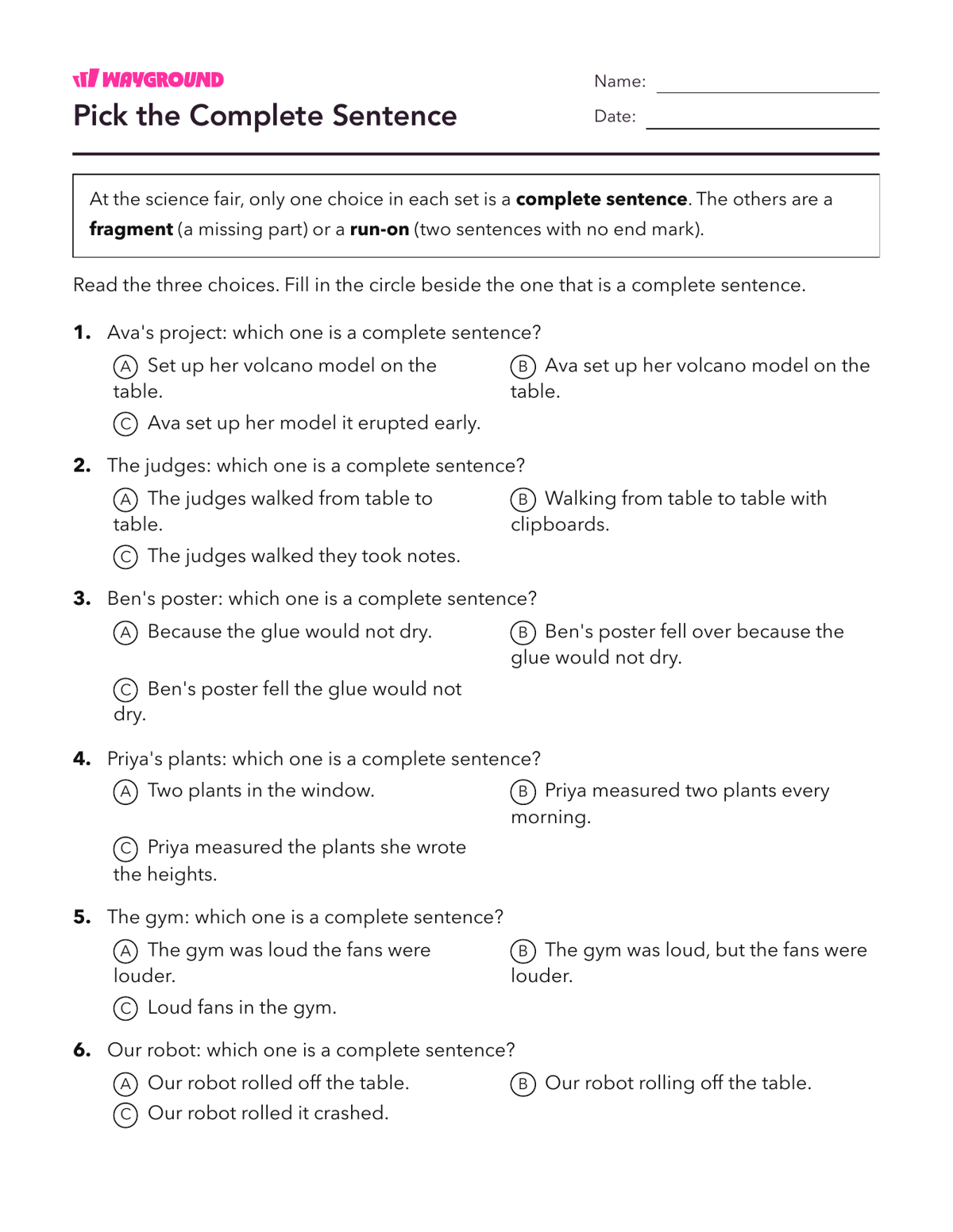 Pick the Complete Sentence - Printable Complete-sentences Worksheets Grade 5 - Wayground