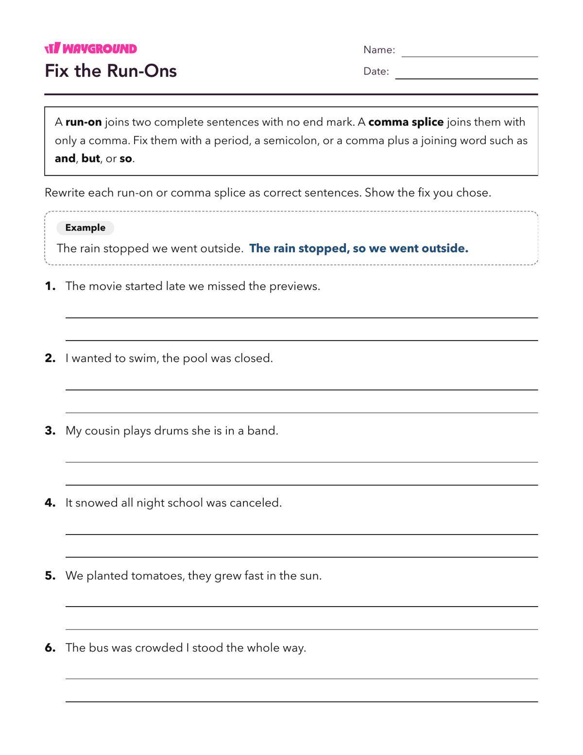 Fix the Run-Ons - Printable Complete-sentences Worksheets Grade 5 - Wayground