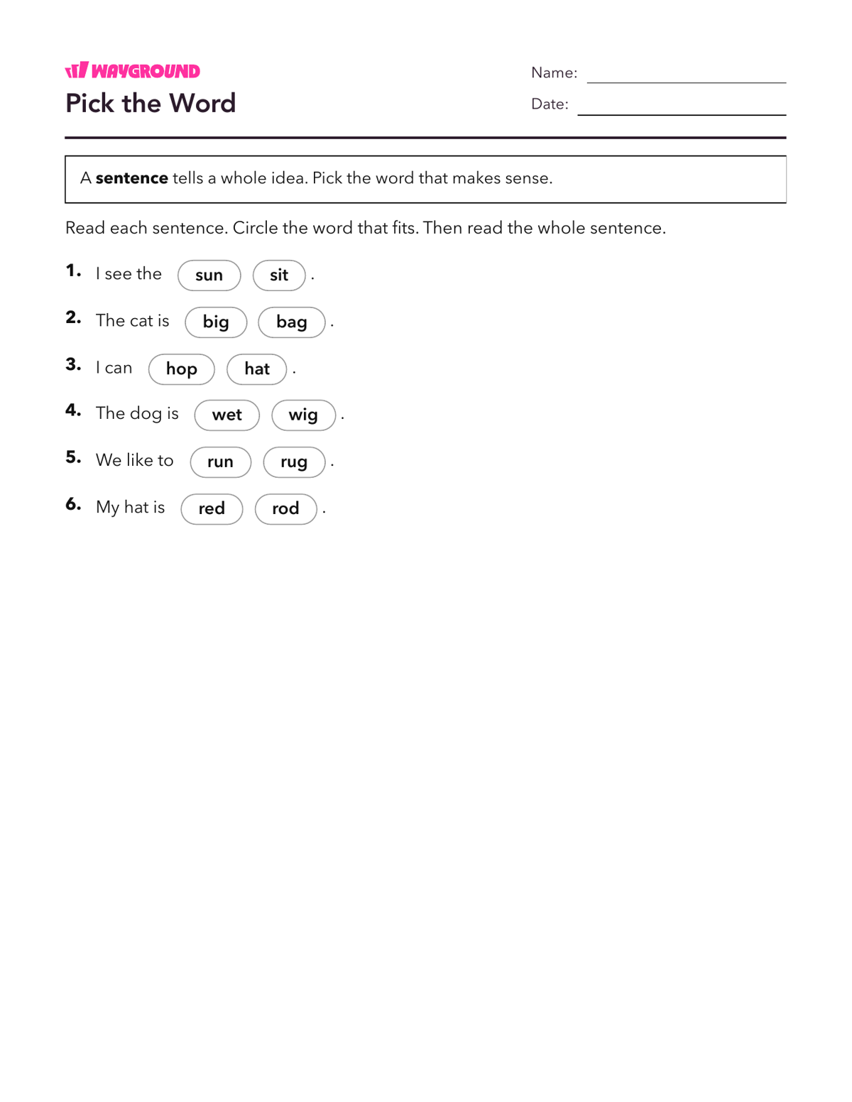 Pick the Word - Printable Complete-sentences Worksheets Kindergarten - Wayground