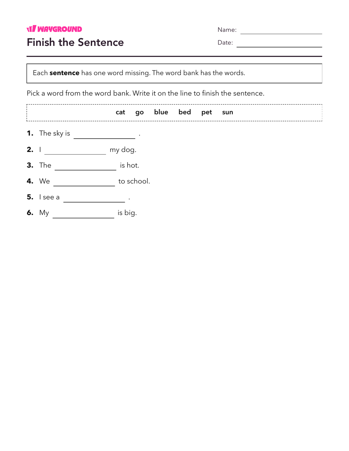 Finish the Sentence - Printable Complete-sentences Worksheets Kindergarten - Wayground