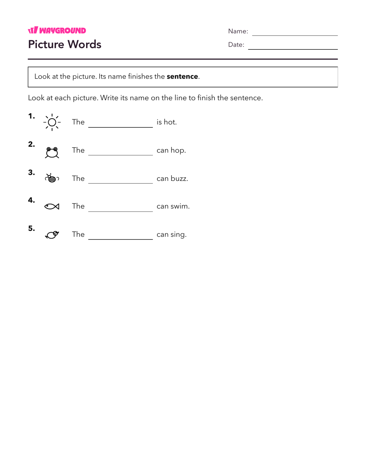 Picture Words - Printable Complete-sentences Worksheets Kindergarten - Wayground