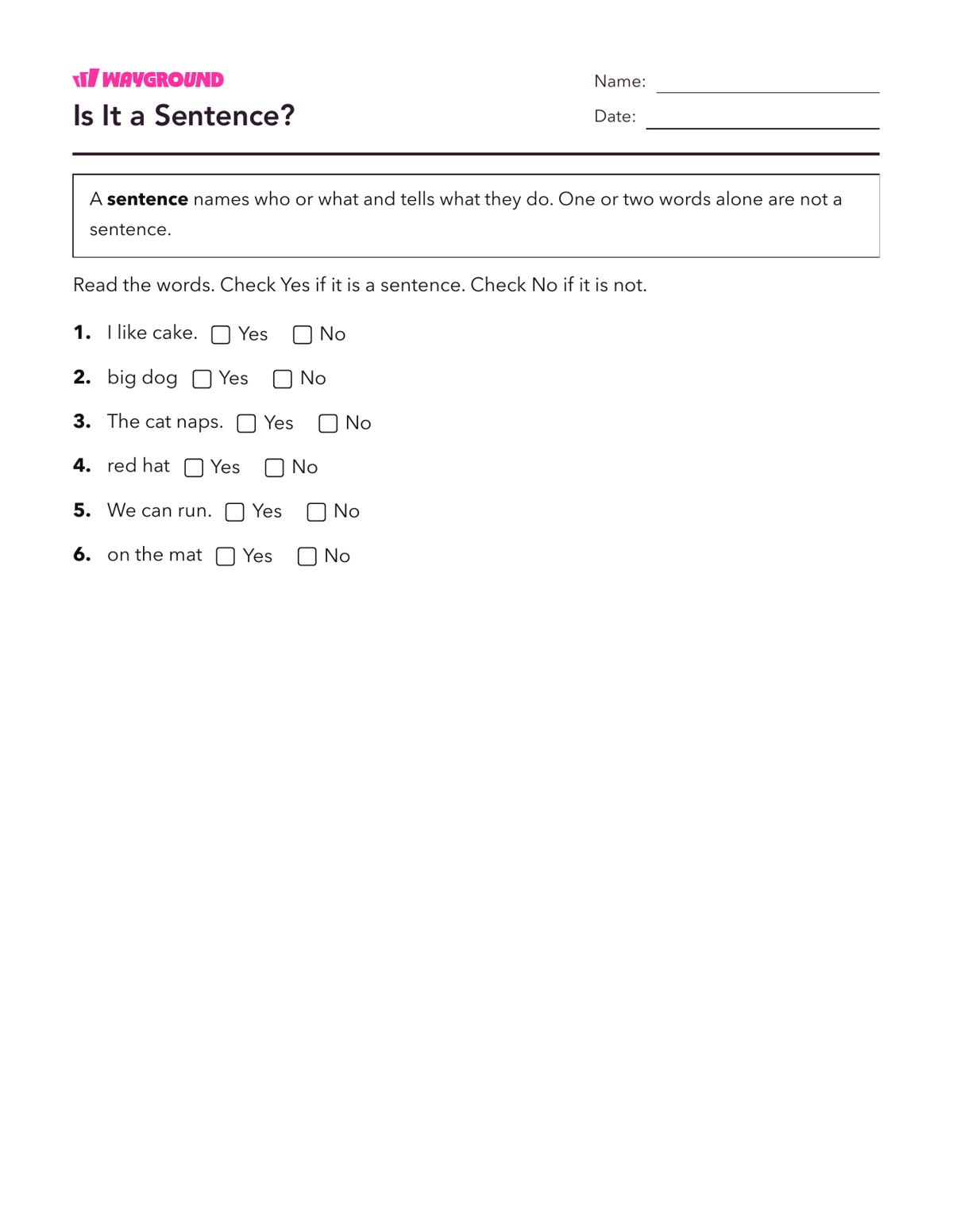 Is It a Sentence? - Printable Complete-sentences Worksheets Kindergarten - Wayground
