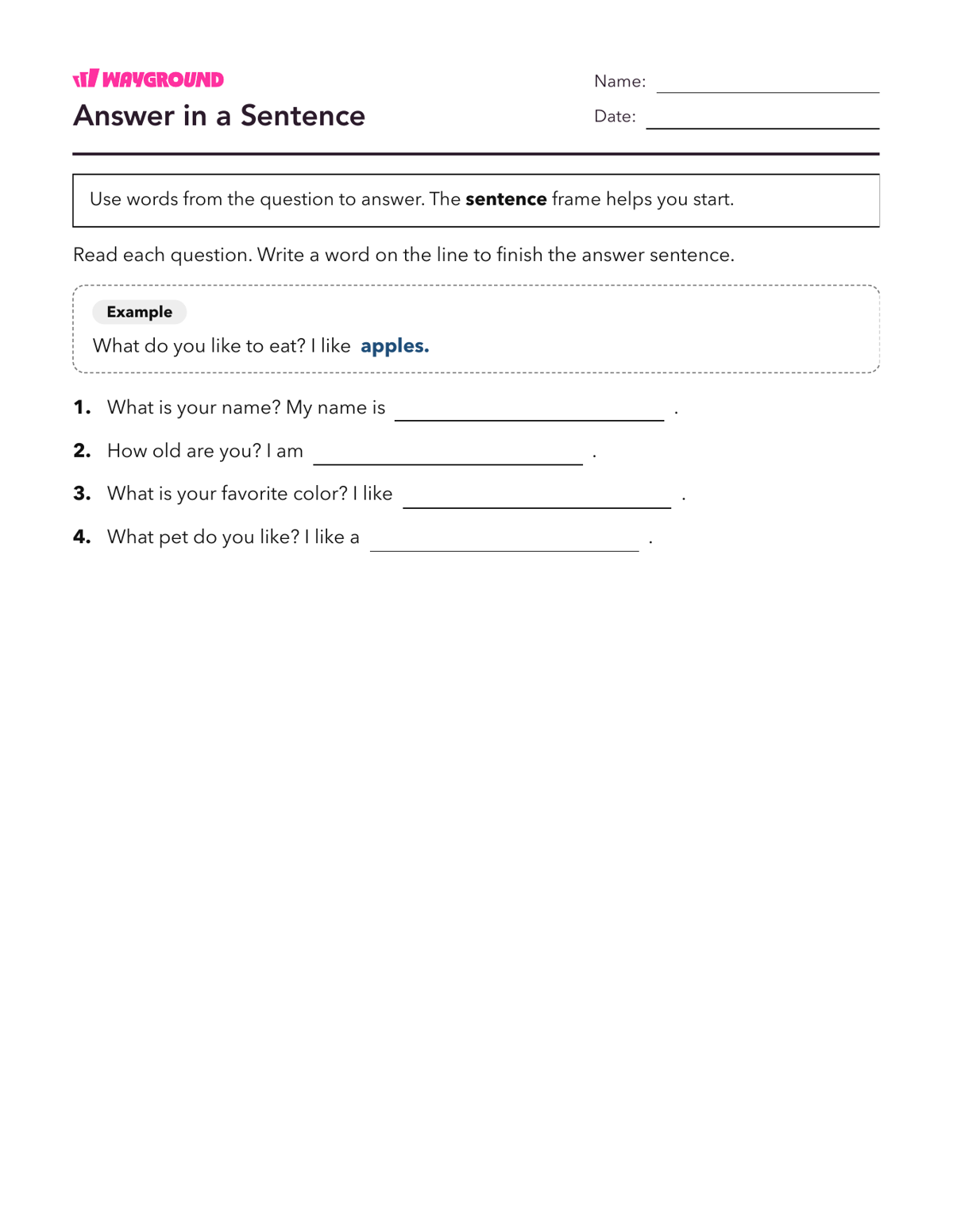 Answer in a Sentence - Printable Complete-sentences Worksheets Kindergarten - Wayground