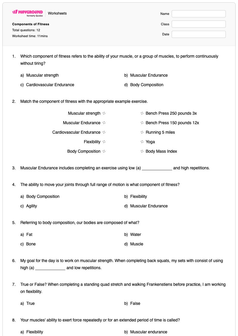Components of Fitness - Imprimible Educación-física Hojas-de-trabajo Grado 9 - Wayground